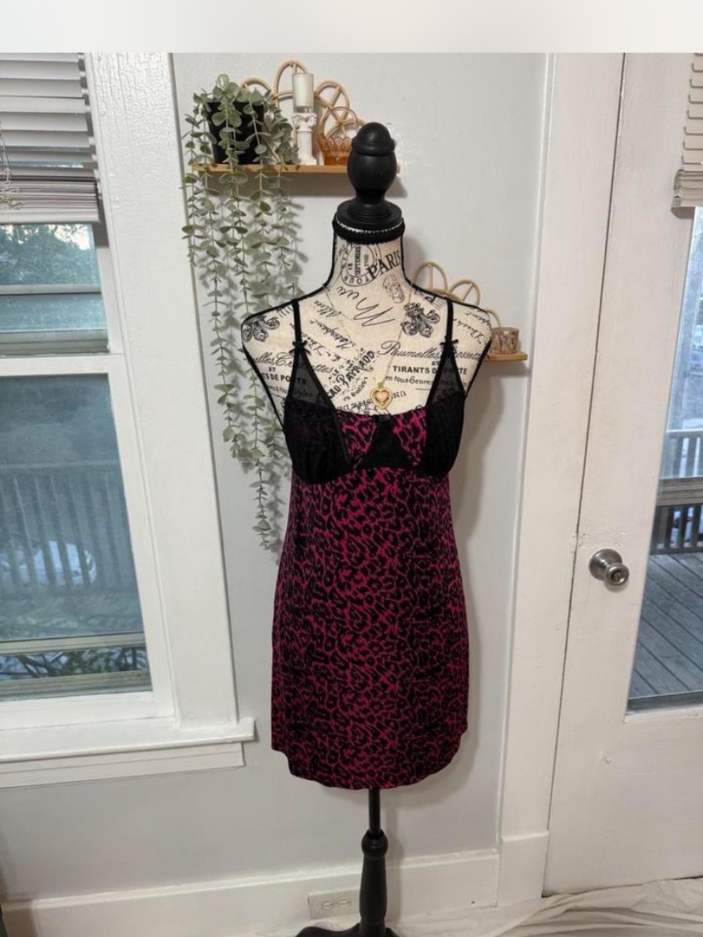 Betsey Johnson Black & Magenta Leopard Slip Dress